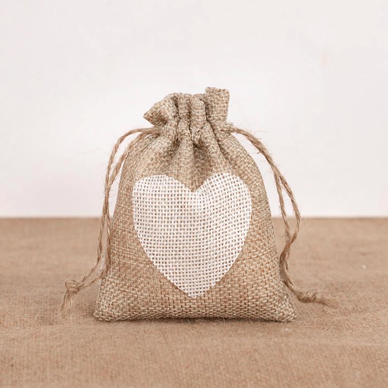 10Pcs Heart Burlap Jute Drawstring Bags Rustic Wedding Decoration Christmas Gift Packing Birthday Party Baby Shower Candy Pouch