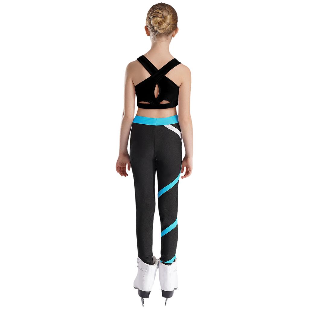 Girls Crop Top U Neck Cross Straps Keyhole Back Sleeveless Color Block Leggings Yoga Sports Set
