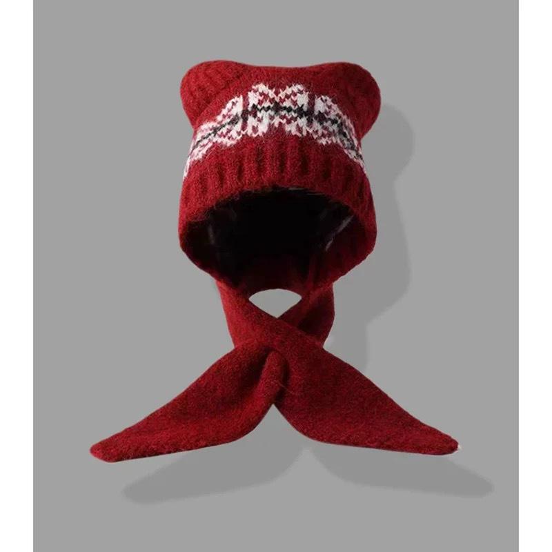 Женский милый комплект шапка и шарф с мишкой из смесовой шерсти - Зимний теплый, стройнящий и вязаный с ушками.