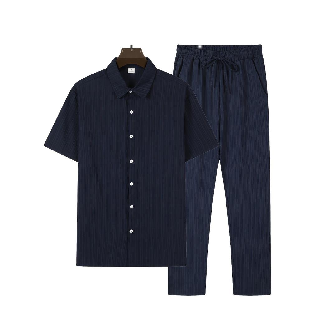 Мужская повседневная полосатая толстовка с коротким рукавом, воротником-стойкой на пуговицах и эластичным поясом, брюки из полиэстеровой ткани с добавлением эластана, двухкомпонентный