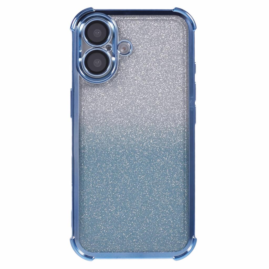 For iPhone 16 Case Electroplating Clear TPU Phone Cover with Lens Film and Glitter Card - Blue