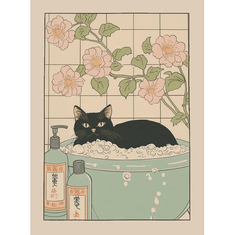 Japanese Bathroom Art Poster Cute Animals in Bathtub Canvas Printed Decorative Painting, Used for Bathroom Decoration, Frameless