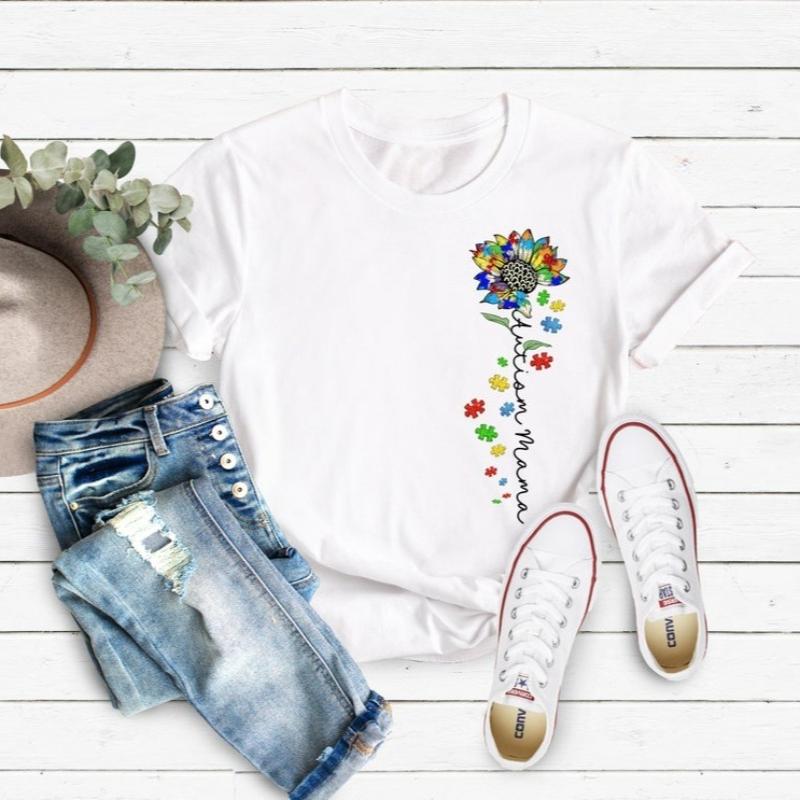 Autism Mama Sunflower Shirt Neurodiversity Awareness Crew Neck Short Sleeve Cotton Top All Seasons Casual Fashion Comfortable