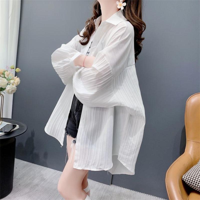 Women Casual Loose Thin Breathable Striped Long Sleeve Sunscreen Shirt Blouse