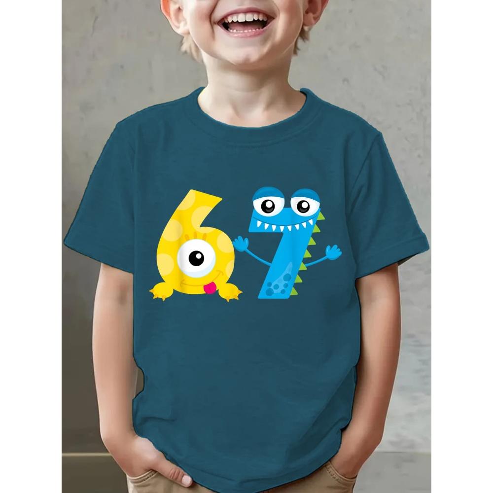 Мальчиковая футболка с графическим 3D-принтом числа 67, удобный топ с коротким рукавом и круглым вырезом, летняя повседневная спортивная детская футболка