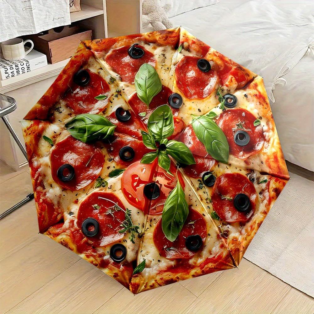 Pizza-Themed Folding Umbrella with Open/Close - Italian Design (Basil, Pepperoni, Olives, Tomato) - Compact Travel Umbrella wi