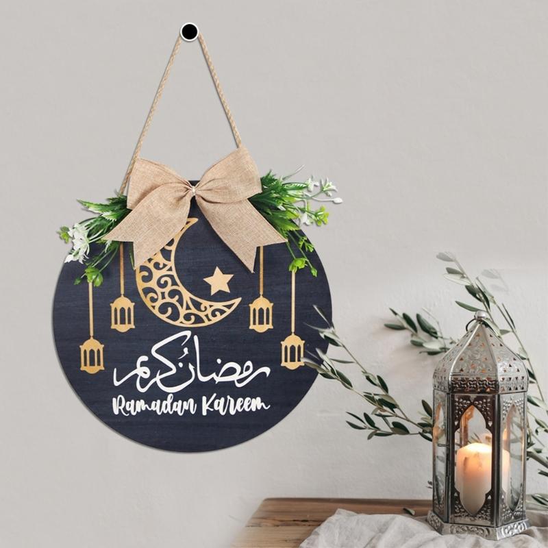 Wooden Welcome Sign Middle Eastern Door Sign Wall Hanging Decoration for Front Door Mantel Wall Moon Festival Decoration