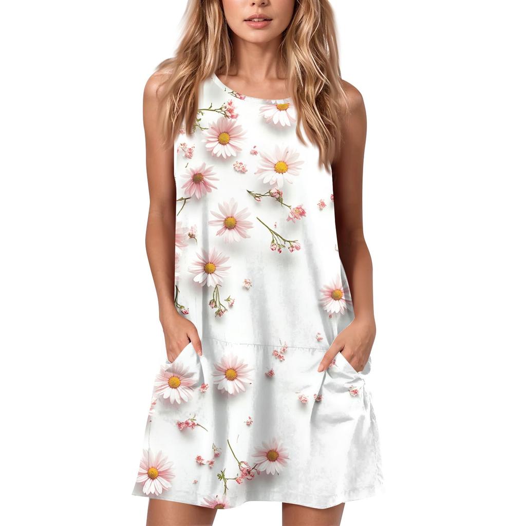 Женское летнее повседневное платье с круглым вырезом и принтом, платье без рукавов с карманами