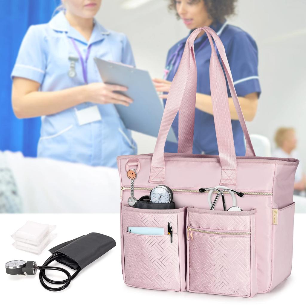 Fasrom Teacher Bag, Large Capacity, Nurse Bag, Stylish Tote Bag with Multiple Pockets, Perfect for Commuting, School, and Nursing, Pink