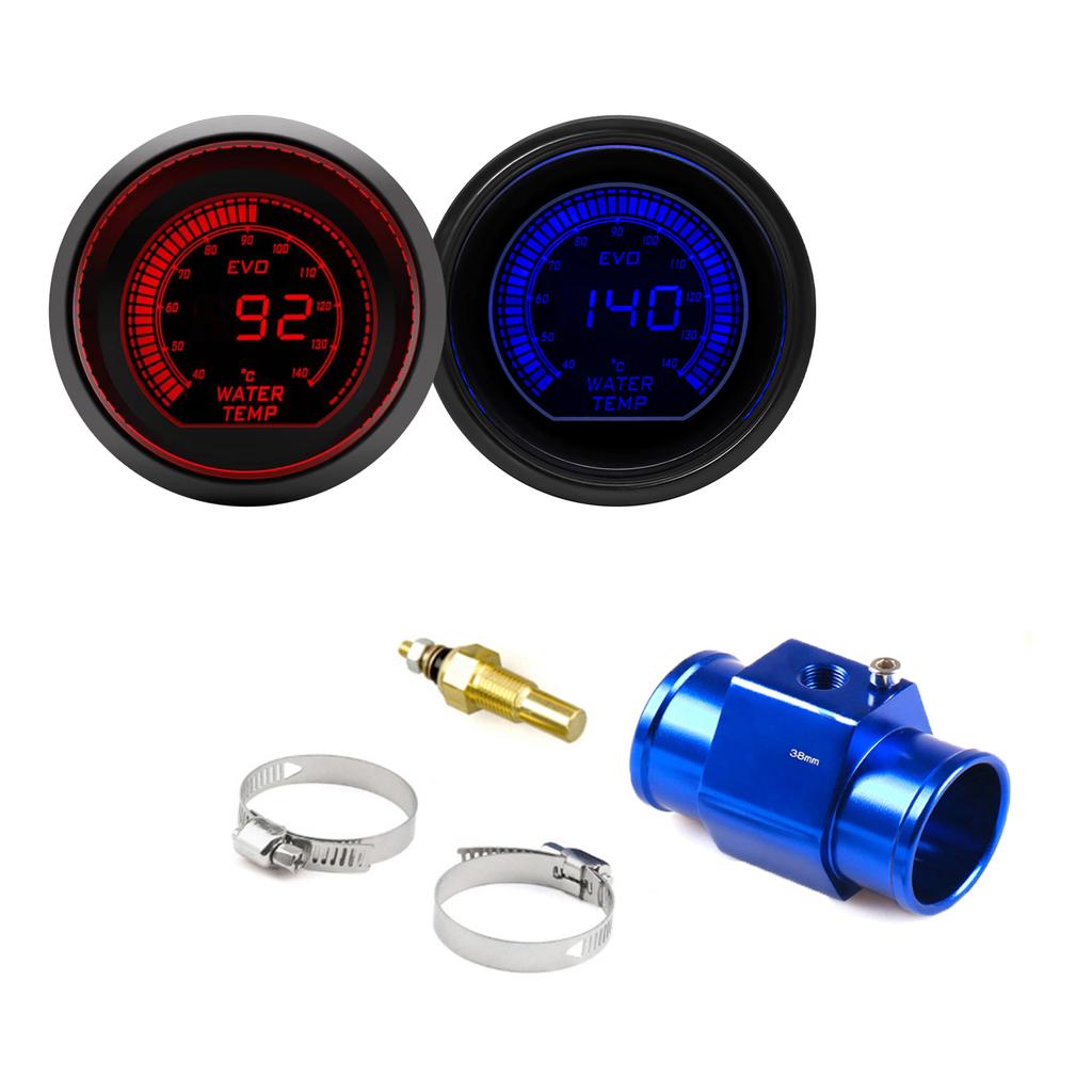 52mm Car Water Temperature Gauge LCD 40~140 ℃ Red Blue Backlight With Water Temp Sensor Water Temp Joint Pipe Sensor Adapter