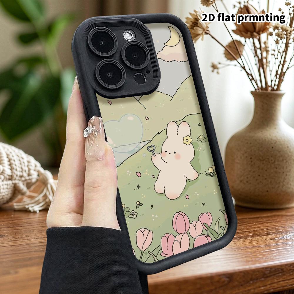 Чехол для телефона: 2D плоский дизайн, подходит для iPhone 18 17 16 15 14 13 12 Pro, кремовый защитный чехол, кролик, пускающий пузыри, идеальный Рождественский и H