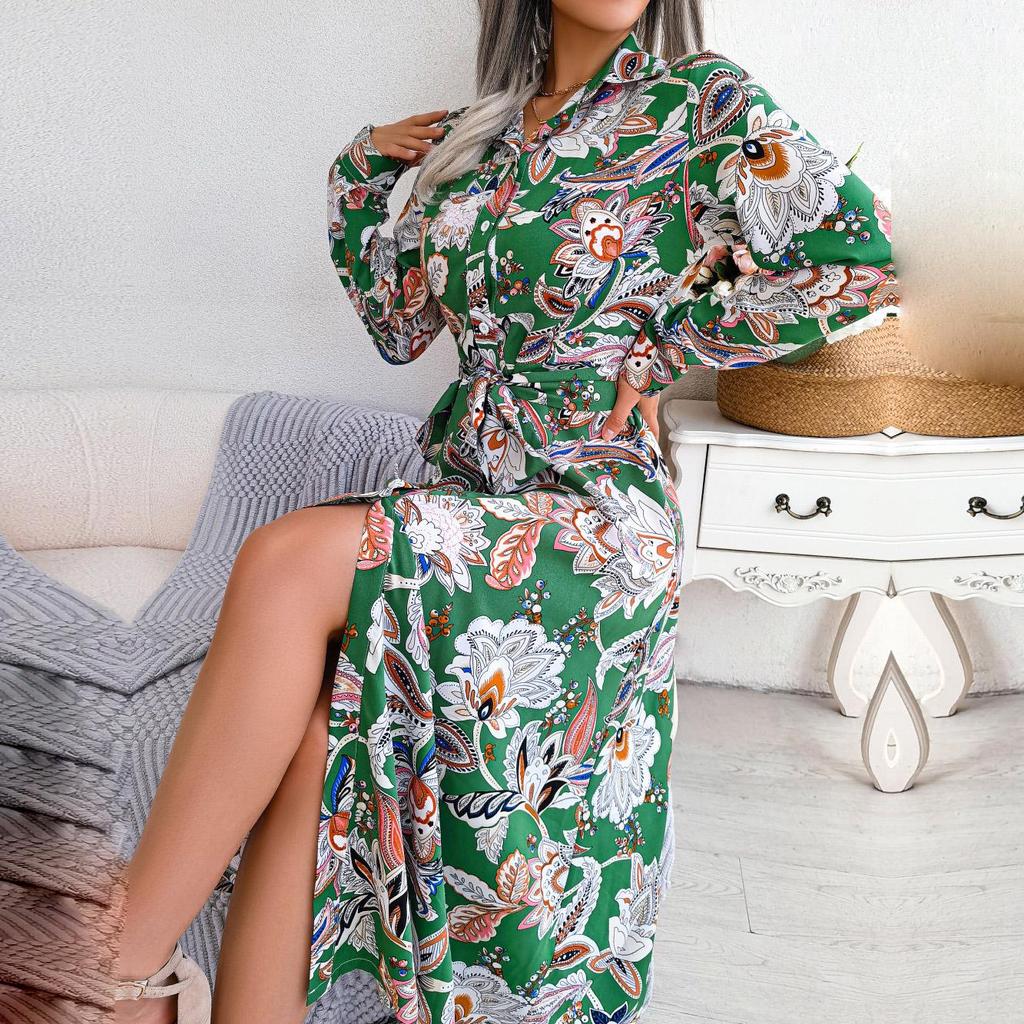 Spring Summer Women Fashion Floral Collar Full Sleeve Tie Up All Match Print Shirt Dress