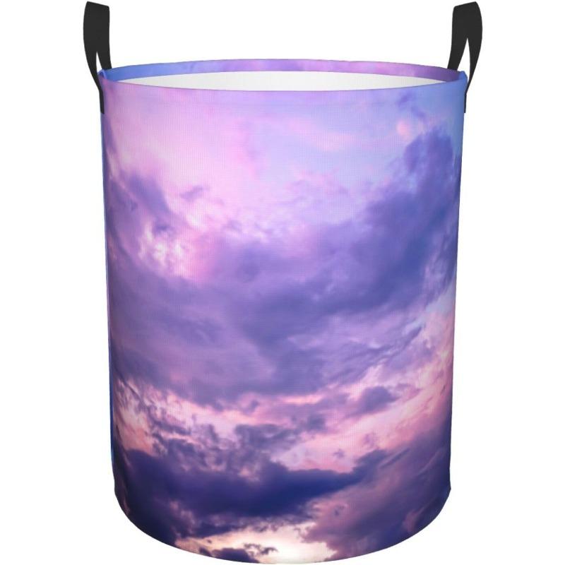 Evening Sky and Purple Clouds Laundry Basket with Handle Waterproof Collapsible Cloth Hamper Round Storage Basket for Bathroom B
