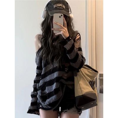 Готический уличный полосатый вязаный свитер, женский Harajuku, панк, джемпер с отверстиями, свободные универсальные топы в стиле гранж, E-girl