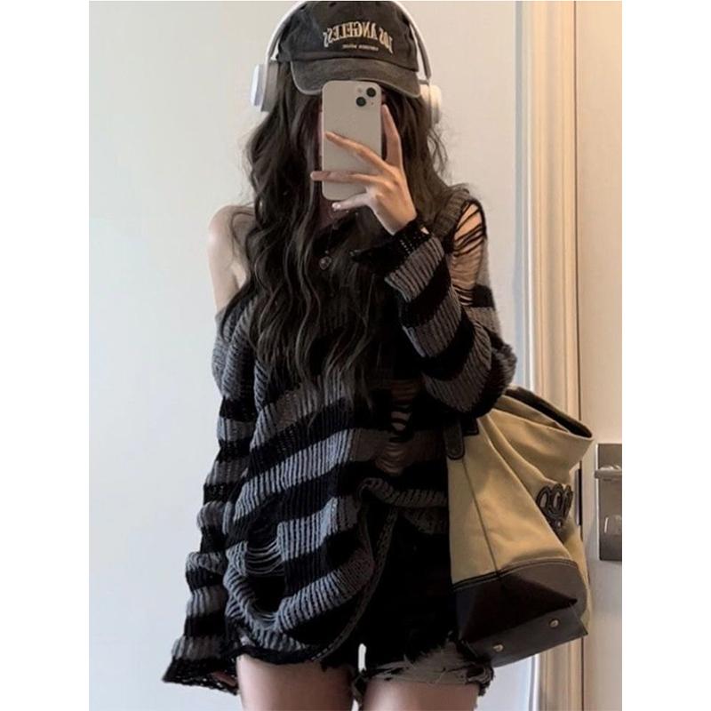 Готический уличный полосатый вязаный свитер, женский Harajuku, панк, джемпер с отверстиями, свободные универсальные топы в стиле гранж, E-girl