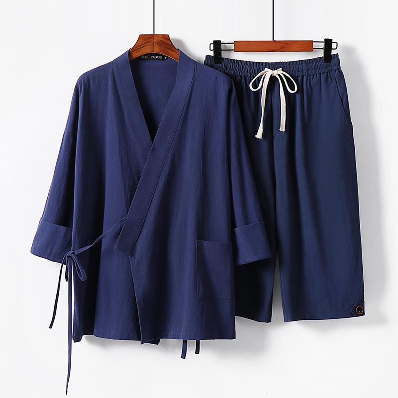 9XL Хлопковый и льняной костюм Ice Silk, мужской летний свободный повседневный спортивный костюм из льна с рукавом три четверти и брюками три четверти, состоящий из двух частей