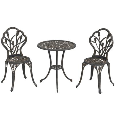 3 Piece Patio Bistro Set for 2, Outdoor Aluminium Garden Table and Chairs with Umbrella Hole for Balcony, Bronze Tone