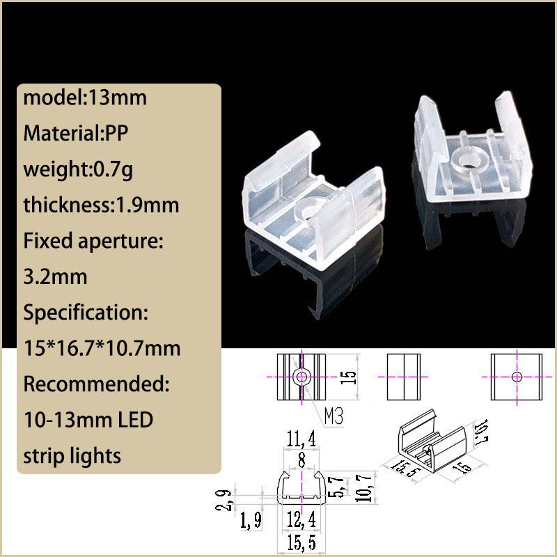 Neon light mounting clips/brackets/fixing clips suitable for 8mm to 20mm silicone LED neon light strips, translucent, pack of 50