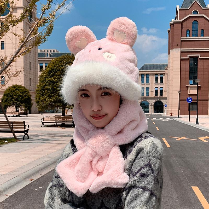 Новая плюшевая милая сумка-шарф с кроликом, интегрированная шапка, зимняя уличная защита от холода, защита ушей, шапка-пуловер, детская