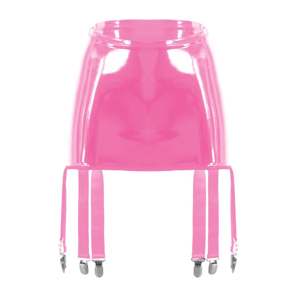 Womens Wet Look Patent Leather Garter Belt Skirt High Waist Suspenders with Metal Buckle Clips Plus Size