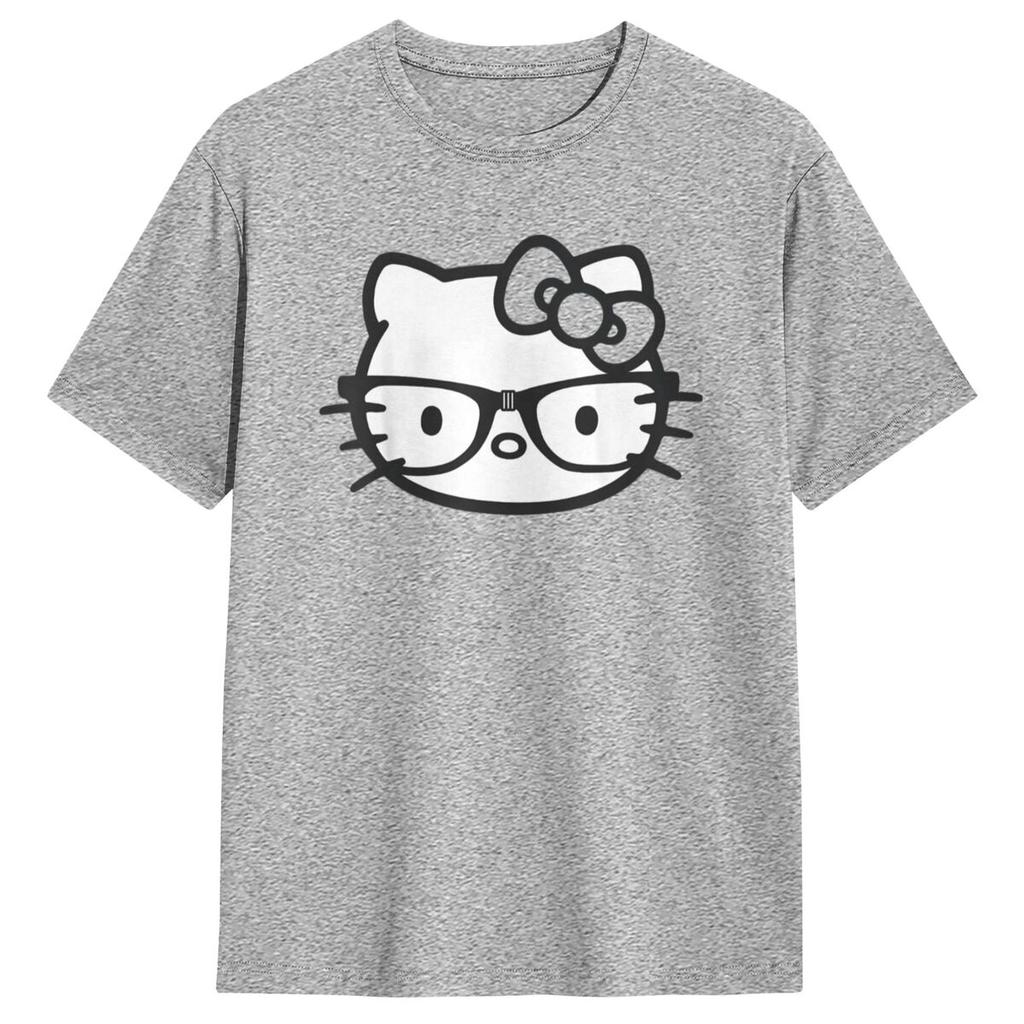 Hello Kitty Черно-белые Очки-Нерды Футболки С коротким рукавом Эстетичные Летние 100% Хлопок Круглый вырез Одежда Больших размеров