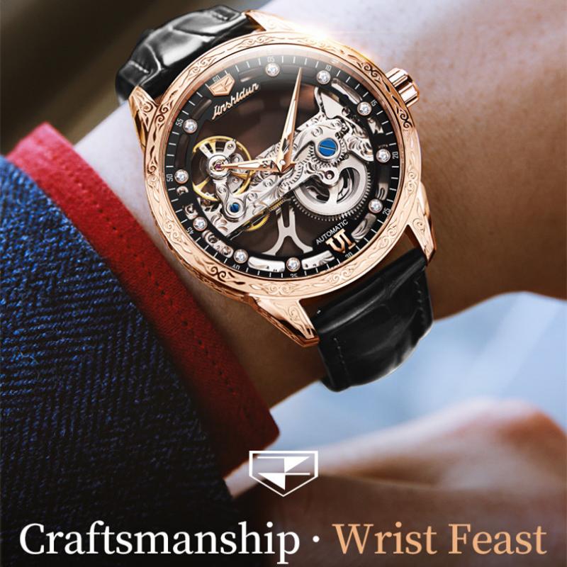 JINSHIDUN новые мужские часы для бизнеса и отдыха, полностью автоматические механические часы с перспективным полым циферблатом, элитные часы