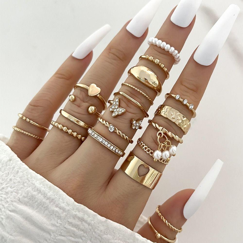 Gold/Silver Wave Joint Rings Set Alloy Love Chain Joint Ring New Multi Style Ring Set  Woman
