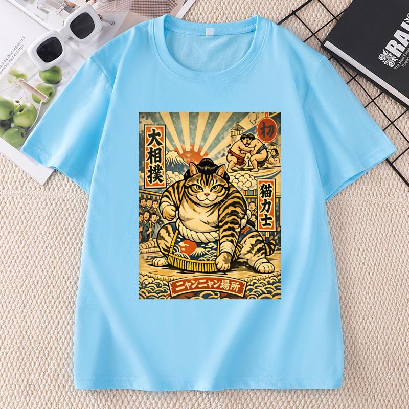 Sumo Cat TShirt Japanese Style Funny Cat Tee Casual Round Neck Printed Cotton T Shirt Streetwear Summer Casual Short Sleeve