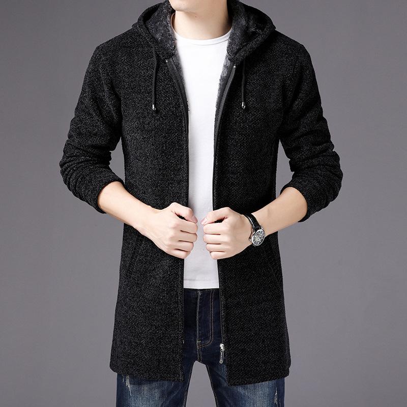 New Chenille Mid-length Plus Velvet Black Hooded Knitted Sweater Jacket Men's Autumn and Winter Cardigan