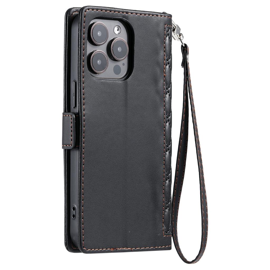 For iPhone 16 Pro Leather Case Rhombus Texture Wallet Stand Phone Cover with Wrist Strap