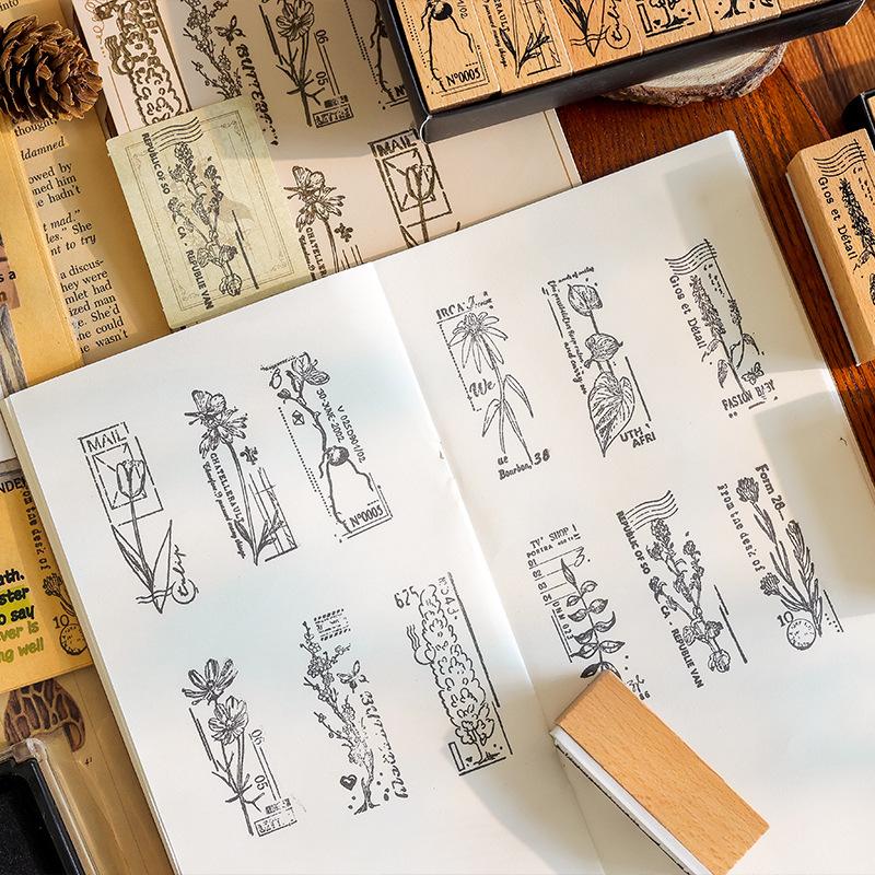 6pcs Botanical Wood Stamps Set, Floral Imprint Journal Seals, English Letter DIY Crafts