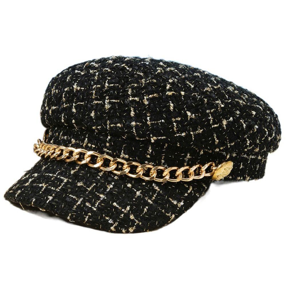 Chain Autumn Keep Warm For Girls Artist Hat Women Visors Cap Painter Hat Plaid Beret Octagonal Cap