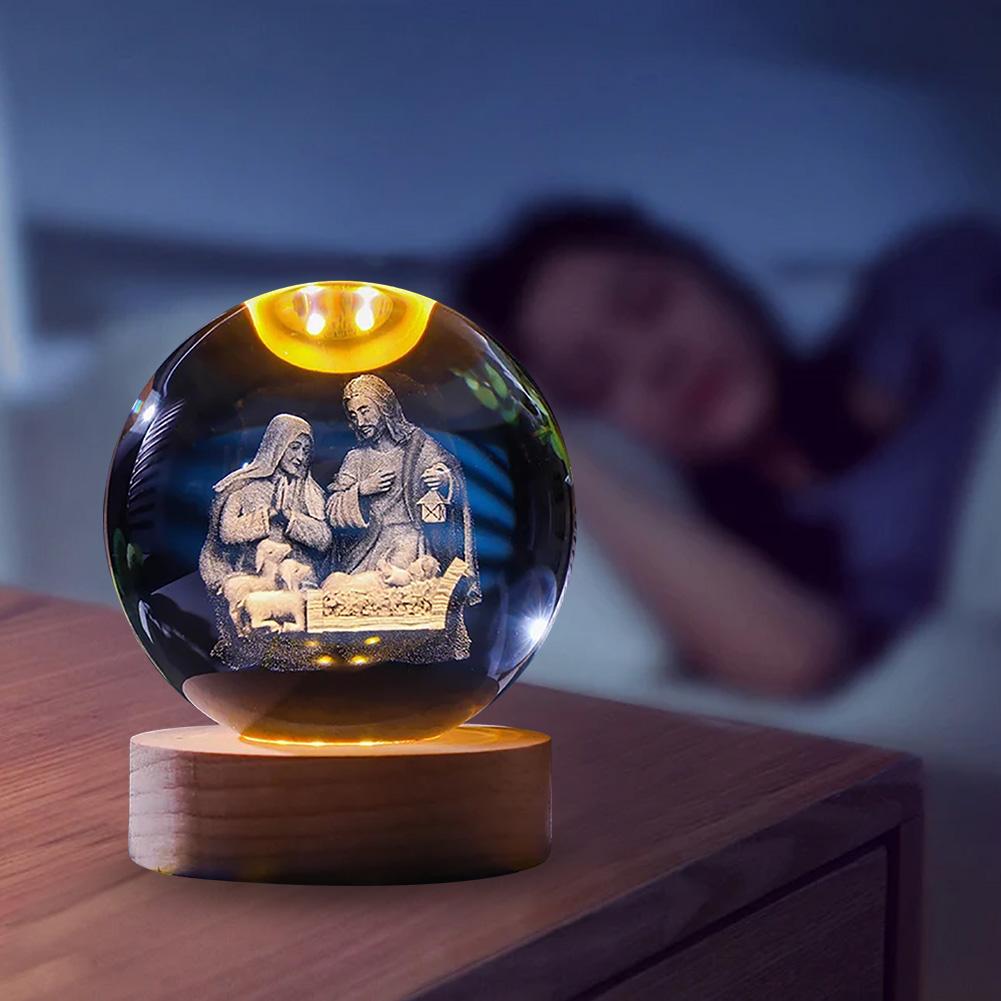 3D креативный гравированный хрустальный шар с деревянной основой, зарядка через USB, светодиодный хрустальный шар, ночник, освещенный хрустальный шар, художественное украшение