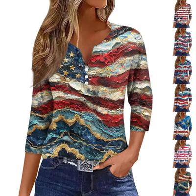 Жен. Футболка Футболка С принтом Пуговицы Рукав 3/4 Повседневные Выходные Мода Классический Классический V-образный вырез Обычный Верх