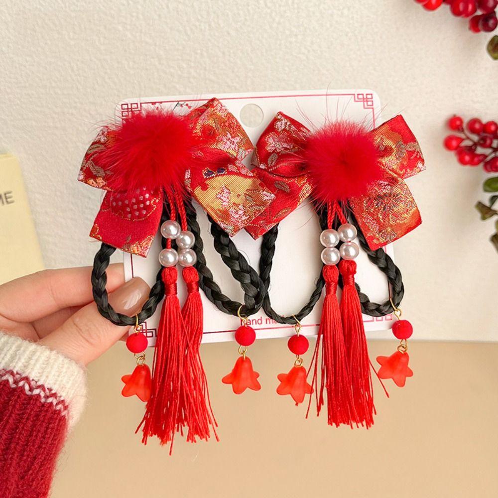 2 шт. новогодний головной убор детский бант шпилька для волос китайский стиль парик коса шпилька ханьфу боковой зажим для девочек