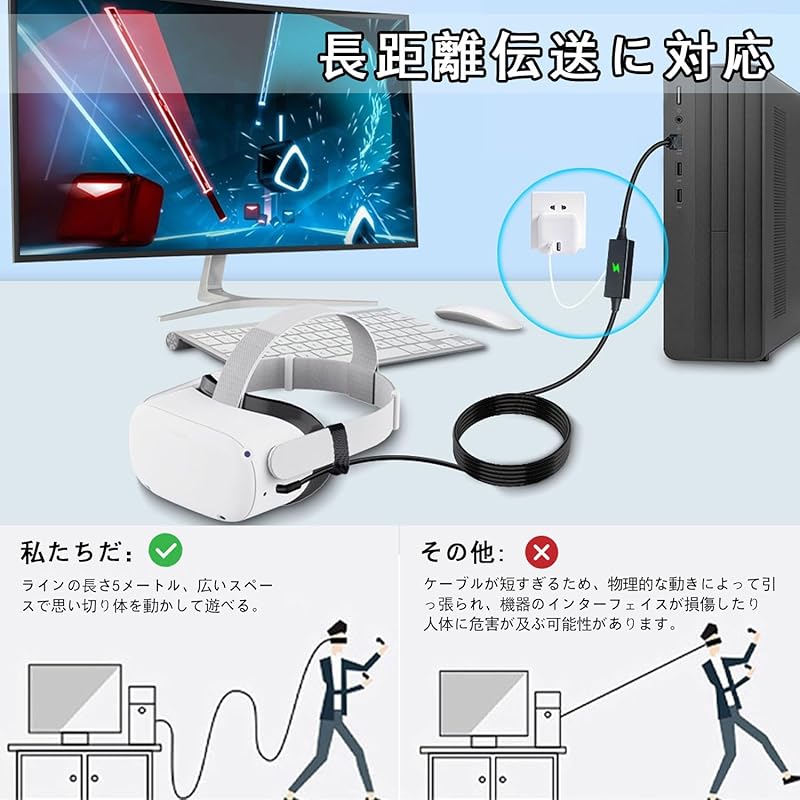 Hirameki 5M соединительный кабель Meta Quest3 Oculus Совместим с аксессуарами Quest1/2 USB-A 3.2 и Type C 5 Гбит/с высокоскоростной кабель для передачи данных Игровой ПК/Steam