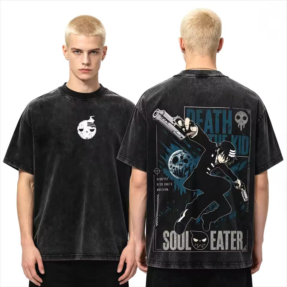 Summer Hot Sale Anime Death The Kid Soul Eater Washed T-shirt Y2K Men Women Print Crew Neck T Shirt Cotton Gothic Round T-shirt