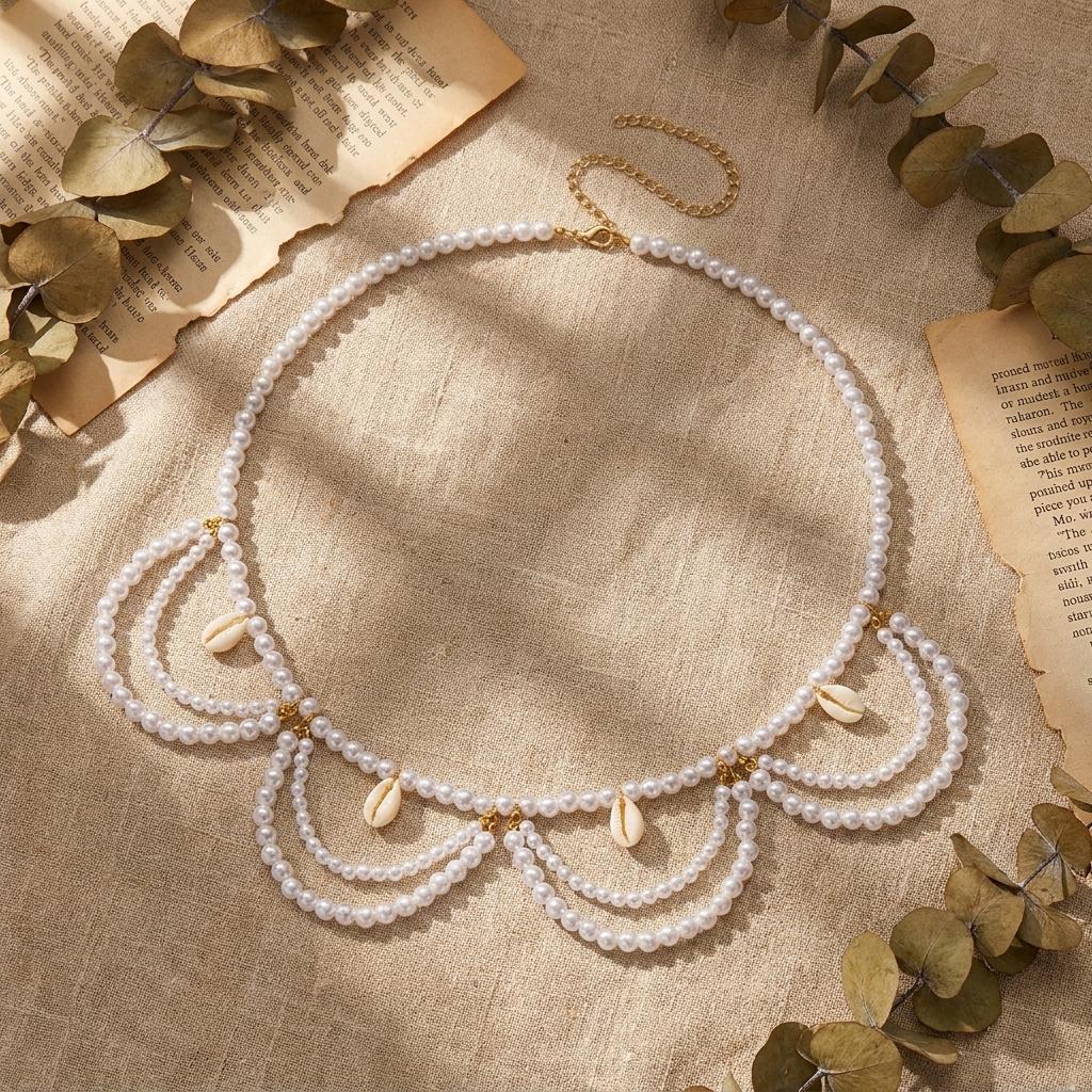 Boho Faux Pearl Shell Belly Chain for Women Gold Color Layered Tassel Waist Belt Summer Beach Vacation Body Jewelry