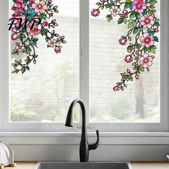 Easy Install Glass Clings 2PCS Flower Print Window Static Stickers, Glue-free Electrostatic Decorative Film, Floral Film Removable Cling for Door And