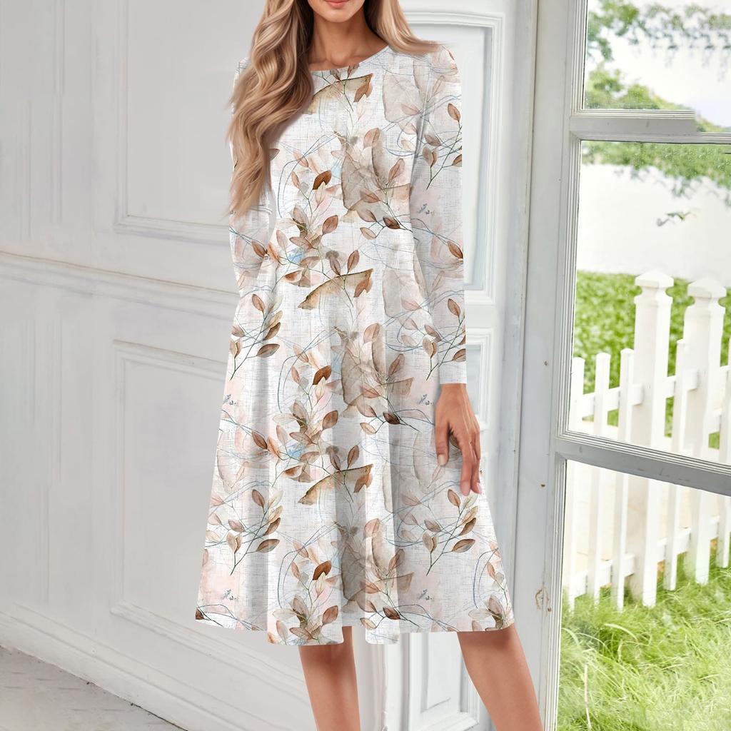 Женское повседневное модное платье миди с круглым вырезом и длинными рукавами