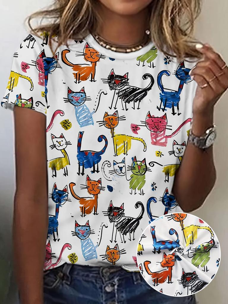 Женская футболка Летняя Повседневная Круглый вырез Короткий рукав 3D принт Цветочный узор Топ Свободная Повседневная одежда Женская футболка