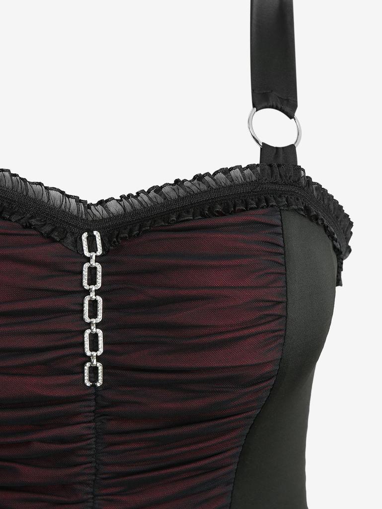 Rosegal Платье-майка готического стиля больших размеров с принтом роз и черепов, с драпировкой, оборками, цепочкой и кружевной отделкой