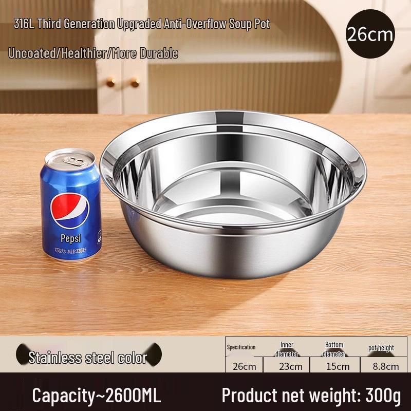 Food Grade 316 Stainless Steel Deep Round Bowl with Beveled Edge - Anti-overflow, Perfect for Soup and Rice