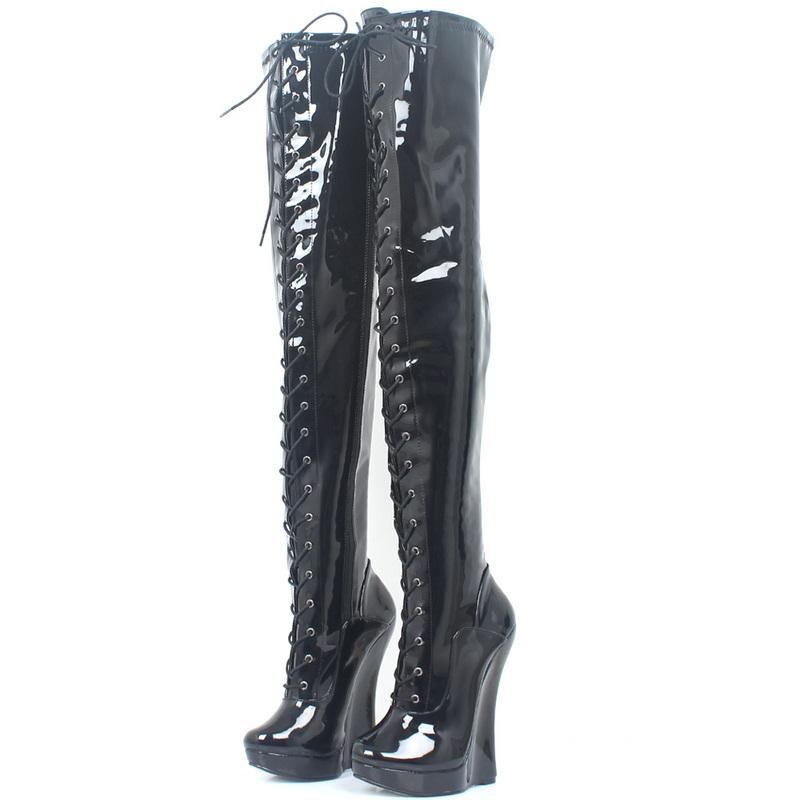 FHC Экстремально высокие 7"/18 см клиновидные каблуки ботфорты до промежности, лакированные ботфорты до бедра, шнуровка, сексуальная платформа, молния, балетки, черные
