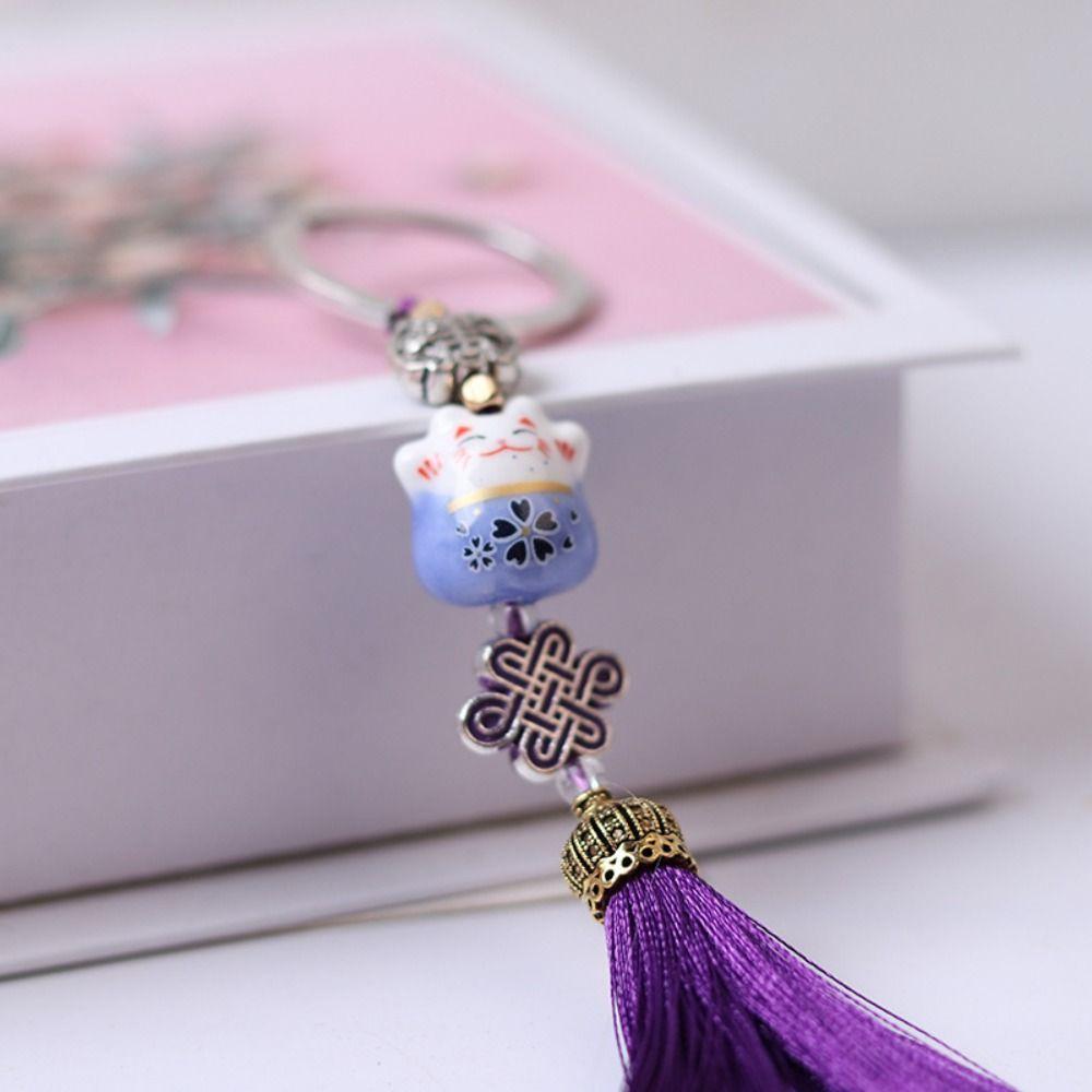 Chinese Knot Random Tassel Animal Cat Pendant Key Ring Lucky Cat Keychain Key Holder Lucky Cat Keyring Weaving Key Chains