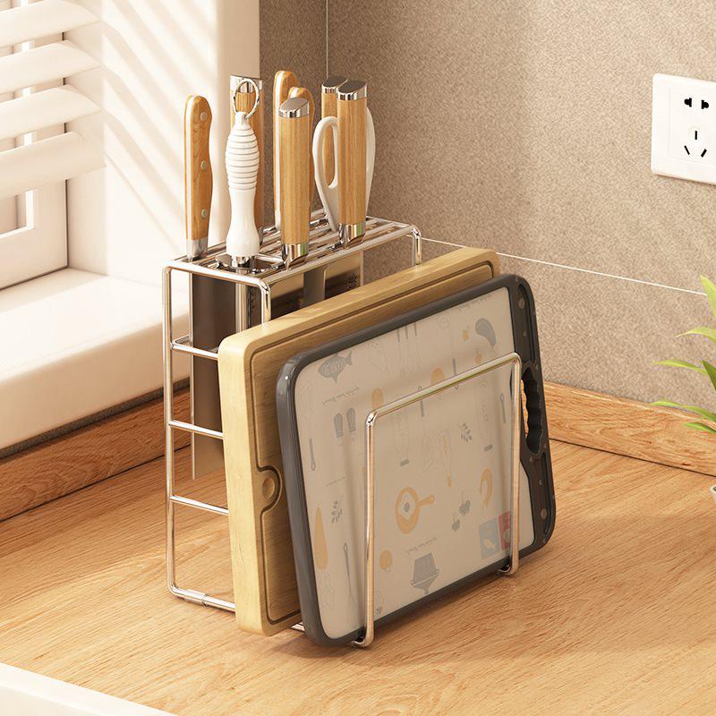 Держатель для ножей и палочек для еды из нержавеющей стали 304 для столешницы с интегрированным местом для хранения разделочных досок.