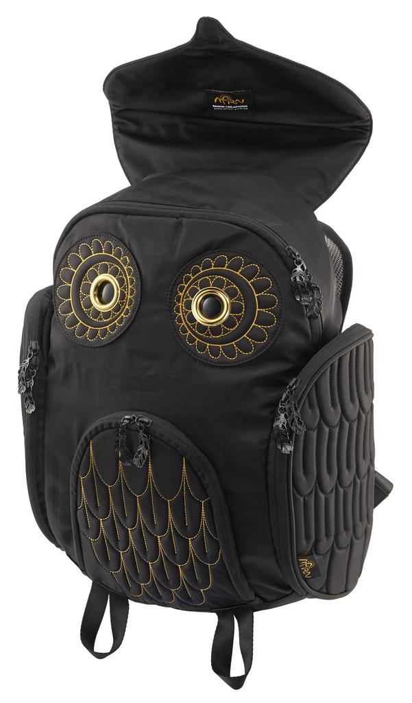 MORN CREATIONS Owl Classic Backpack L Size Gold Embroidery Black
