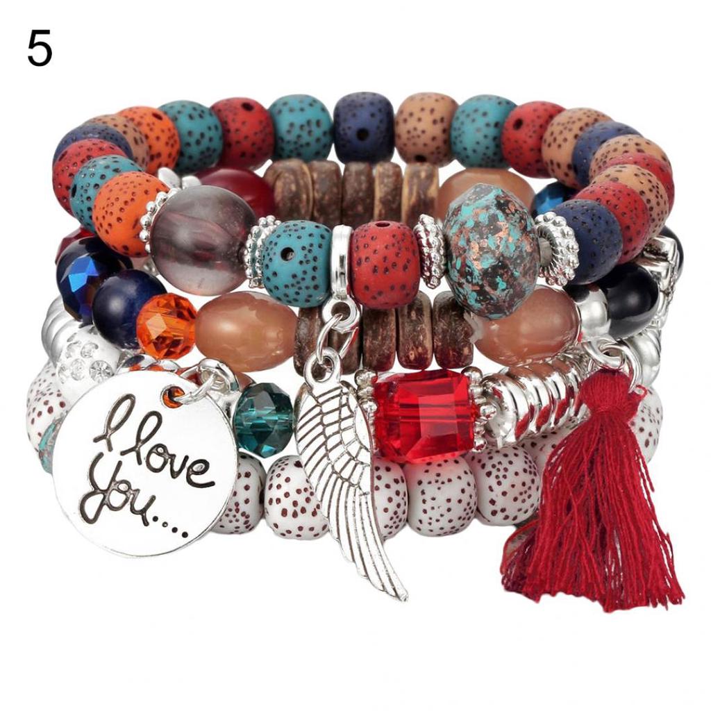 4Pcs/Set Bohemia Style Wing Beads Bracelet Women Bangle Jewelry Party Gift
