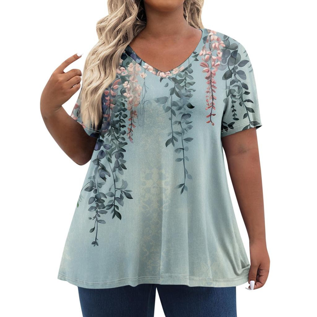 Womens Plus Size Tops Shorts Sleeve Shirts V Neck Casual Clothing Clothes Printed Tops