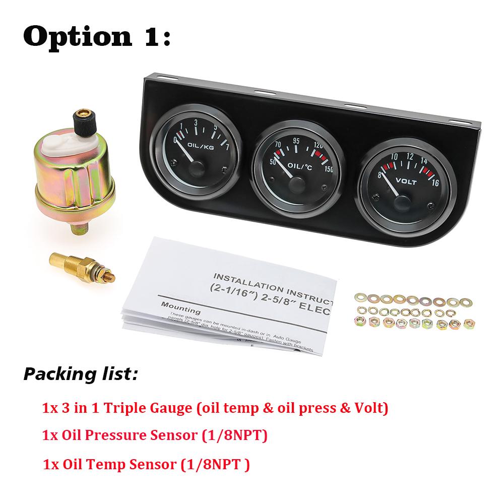 Oil Temp+Oil Pressure+Volt Meter 52mm 3 in 1 Car Modification Gauge Black/Chrome Bezel Face with Temp & Press Sensor Customized